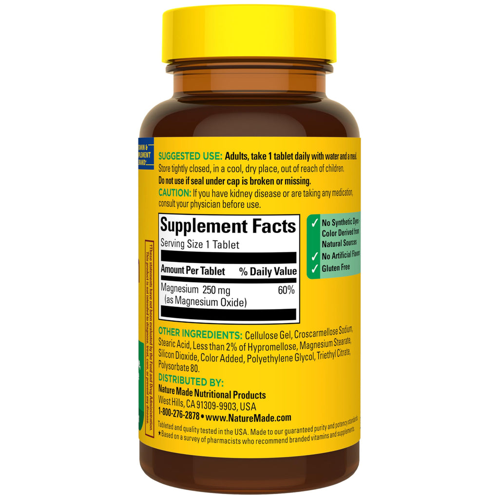 Nature Made Magnesium Oxide 250 mg, 100 Tablets | Magnesium Supplements for Men and Women, Support for Muscle, Heart, Bone and Nerve Health, 100 Day Supply