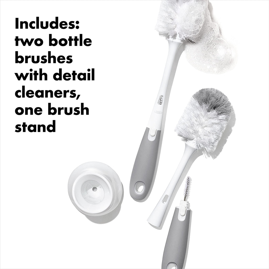 OXO Tot Baby Bottle Brush with Nipple Cleaner and Stand, Gray 2-Pack