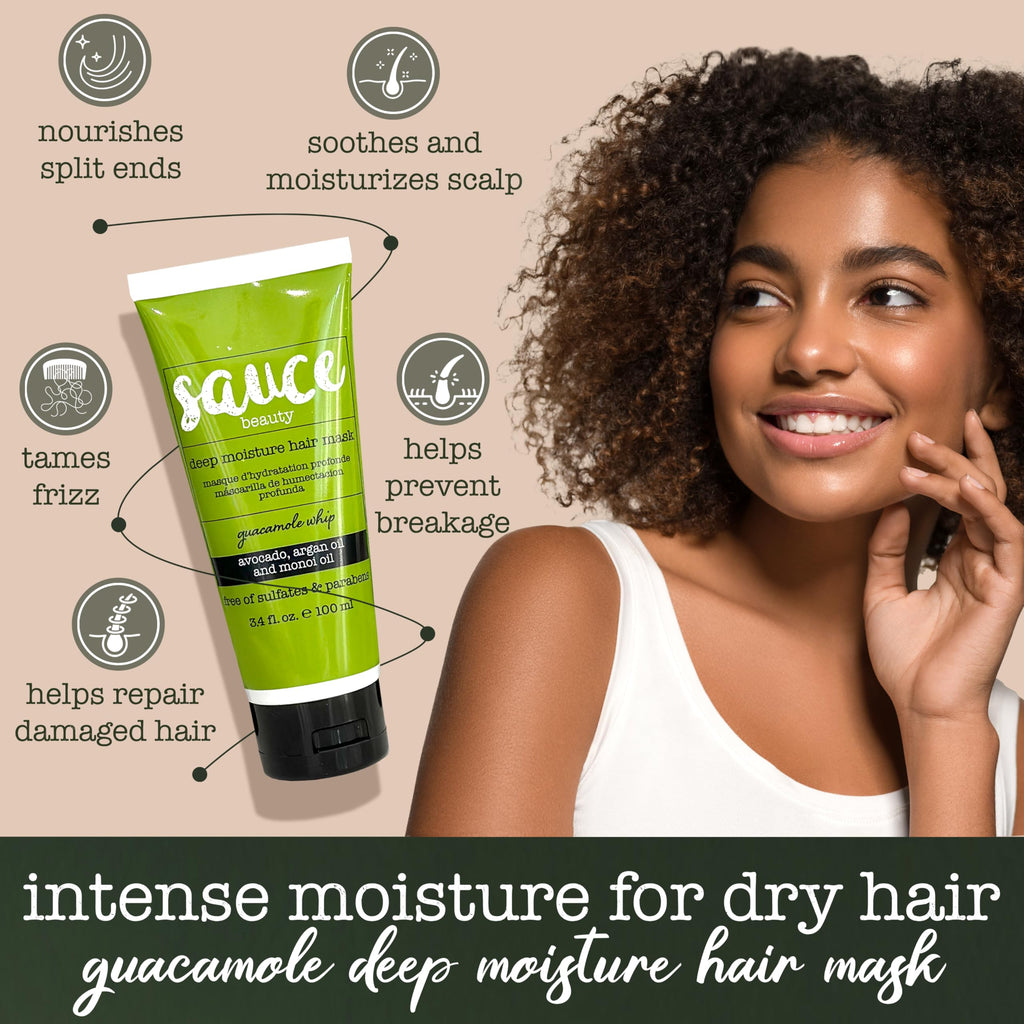 SAUCE Deep Conditioning Hair Mask, Guacamole Whip, 3.4 Fl Oz | Frizz Control for Dry, Damaged Hair, With Avocado, Honey, Monoi & Argan Oil, All Hair Types, Paraben & Sulfate-Free