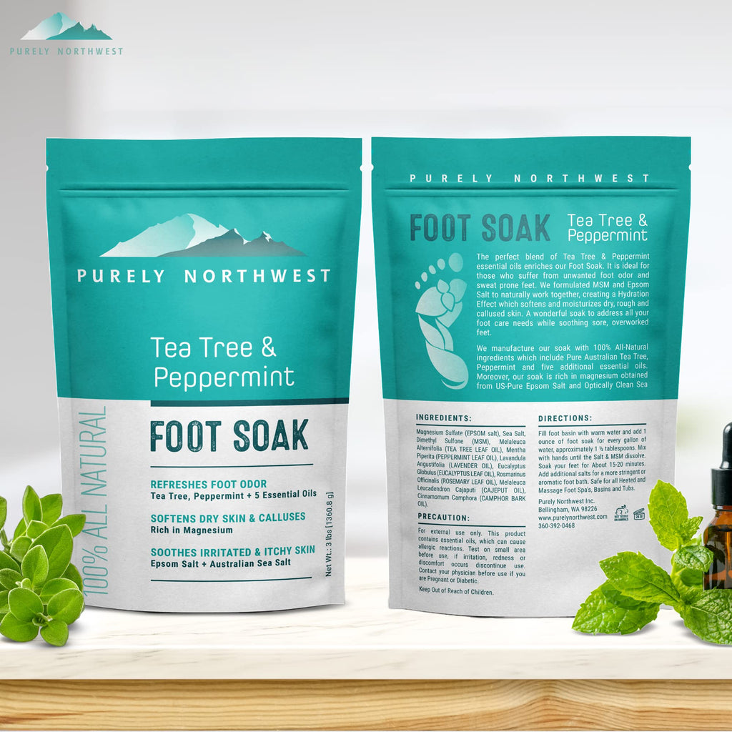 Purely Northwest-Tea Tree, Peppermint, MSM & Epsom Salt Foot Soak-for Stubborn Foot Odor, Burning & Itching associated with Athletes Foot- Softens Dry Skin & Calloused Heels-1 Pound