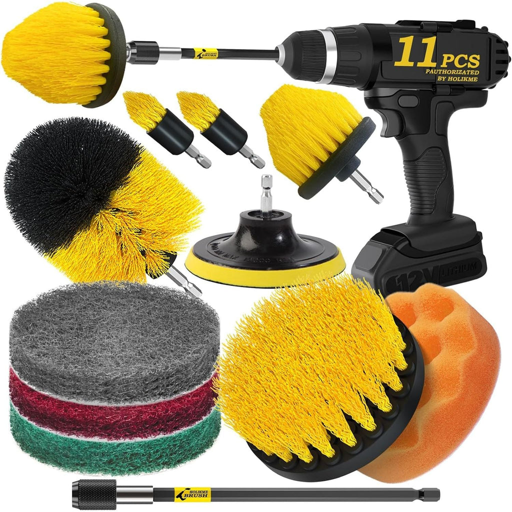 Buy now Holikme 11 Piece Drill Brush Attachment Set Scouring Pads Power Scrubber Brush Scrub Pads for Bathroom Surfaces, Floor, Tub, Shower, Grout, Tile, Corners,Cleaning Brush at indiglob india
