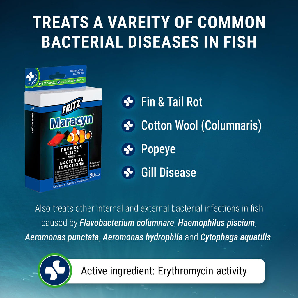 Fritz Maracyn - for Saltwater and Freshwater gram-Positive Relief from Bacterial gil, Popeye, More - Easy dose Packets, 20 Count