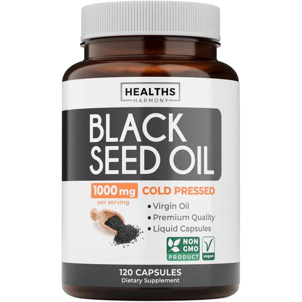 Black Seed Oil - 120 Softgel Capsules Skin Health (Non-GMO & Vegan) Cold-Pressed Nigella Sativa Producing Pure Black Cumin Seed Oil with Vitamin E - 500mg Each, 1000mg Per 2 Capsule Serving