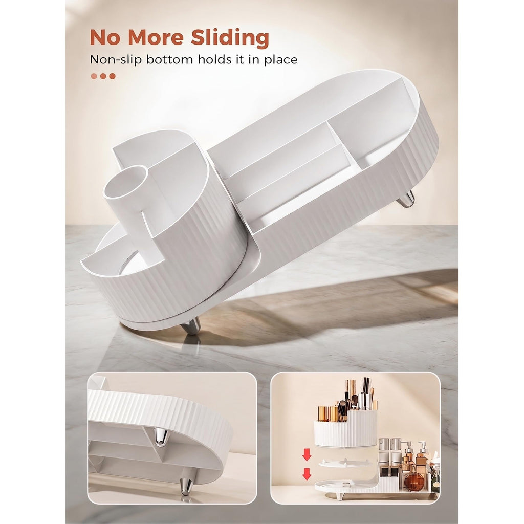 The Booklov Rotating Makeup Organizer features a non-slip bottom and multiple compartments for organized storage.