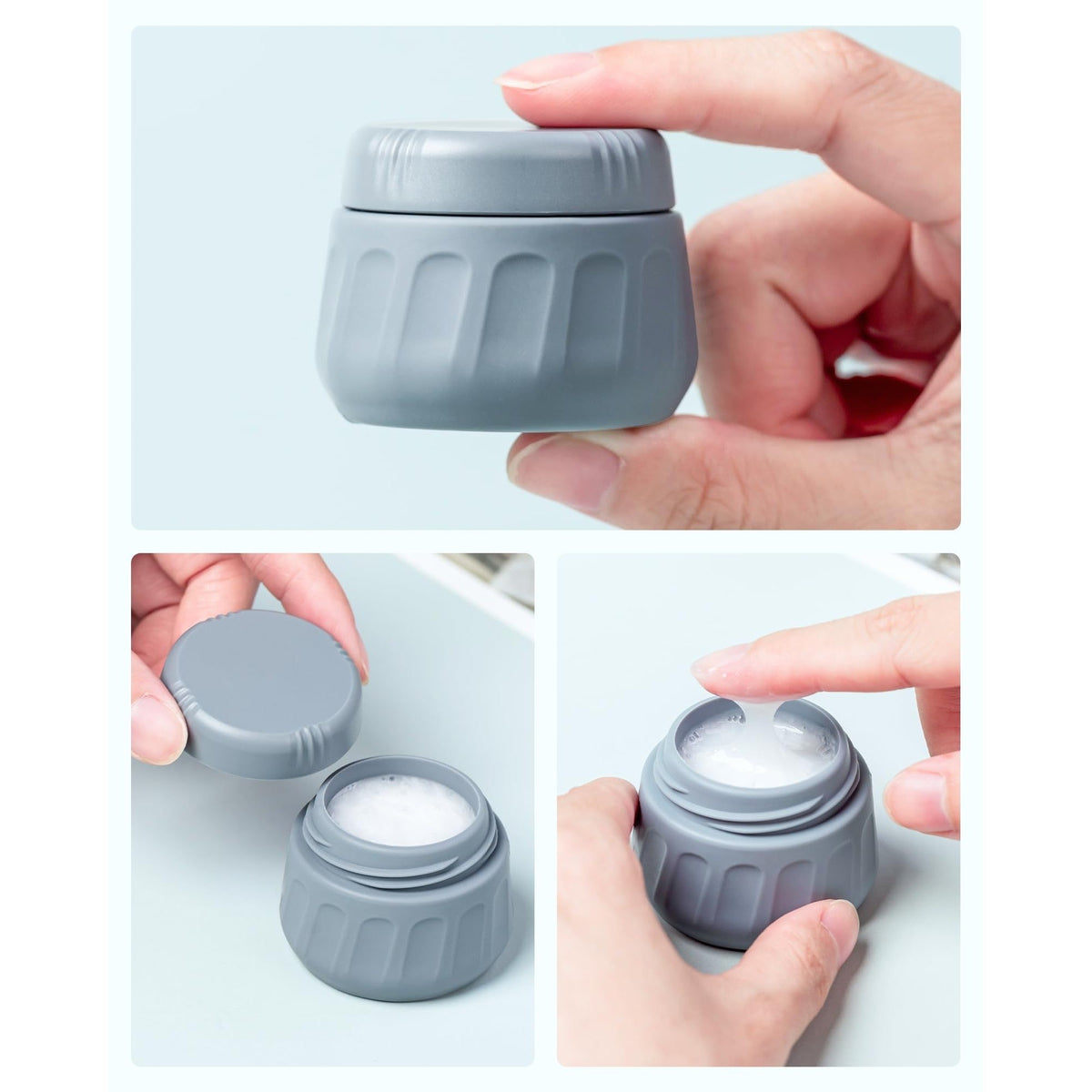 Authentic Mrsdry travel container: compact, grey design with snug lid, ideal for toiletries and creams to carry on-the-go.