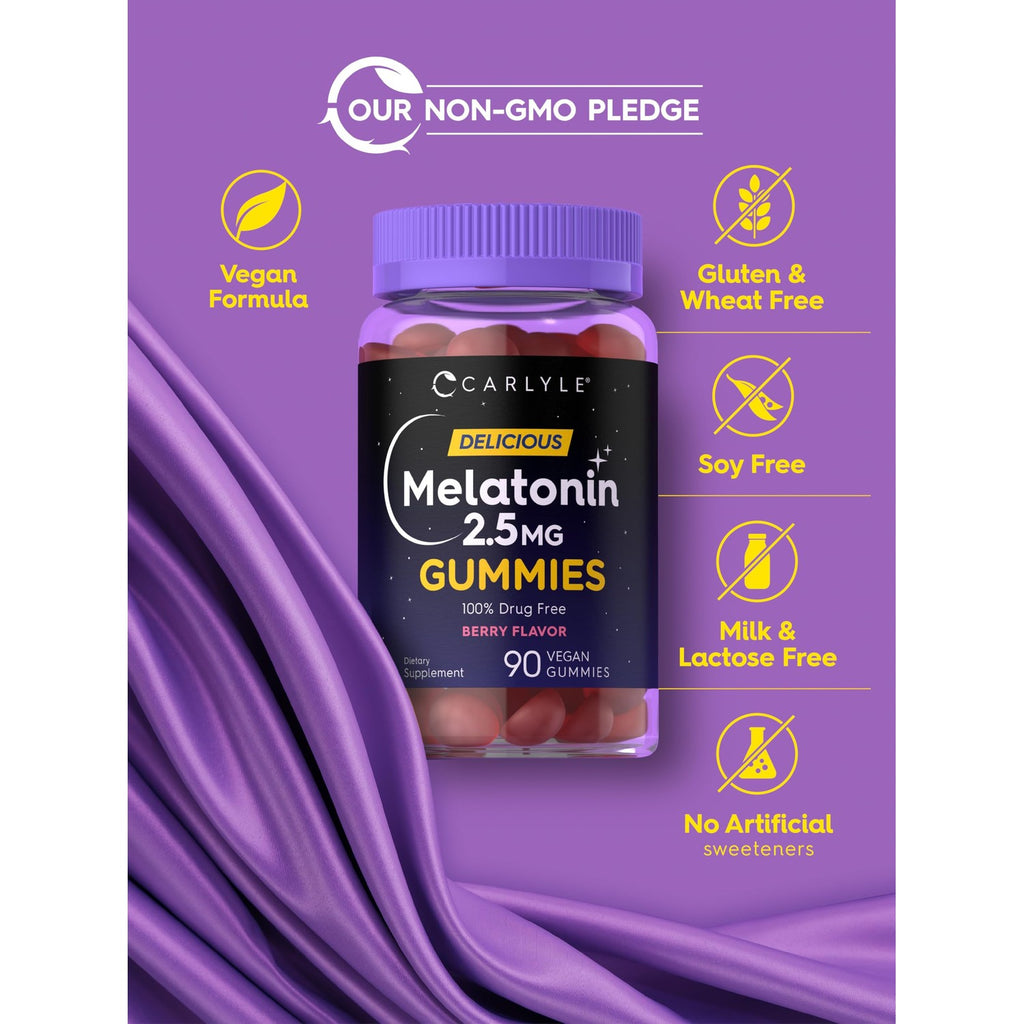 Carlyle Melatonin 2.5 mg Gummies | 90 Count | Berry Flavor | Vegan, Non-GMO, Gluten Free Gummy Supplement