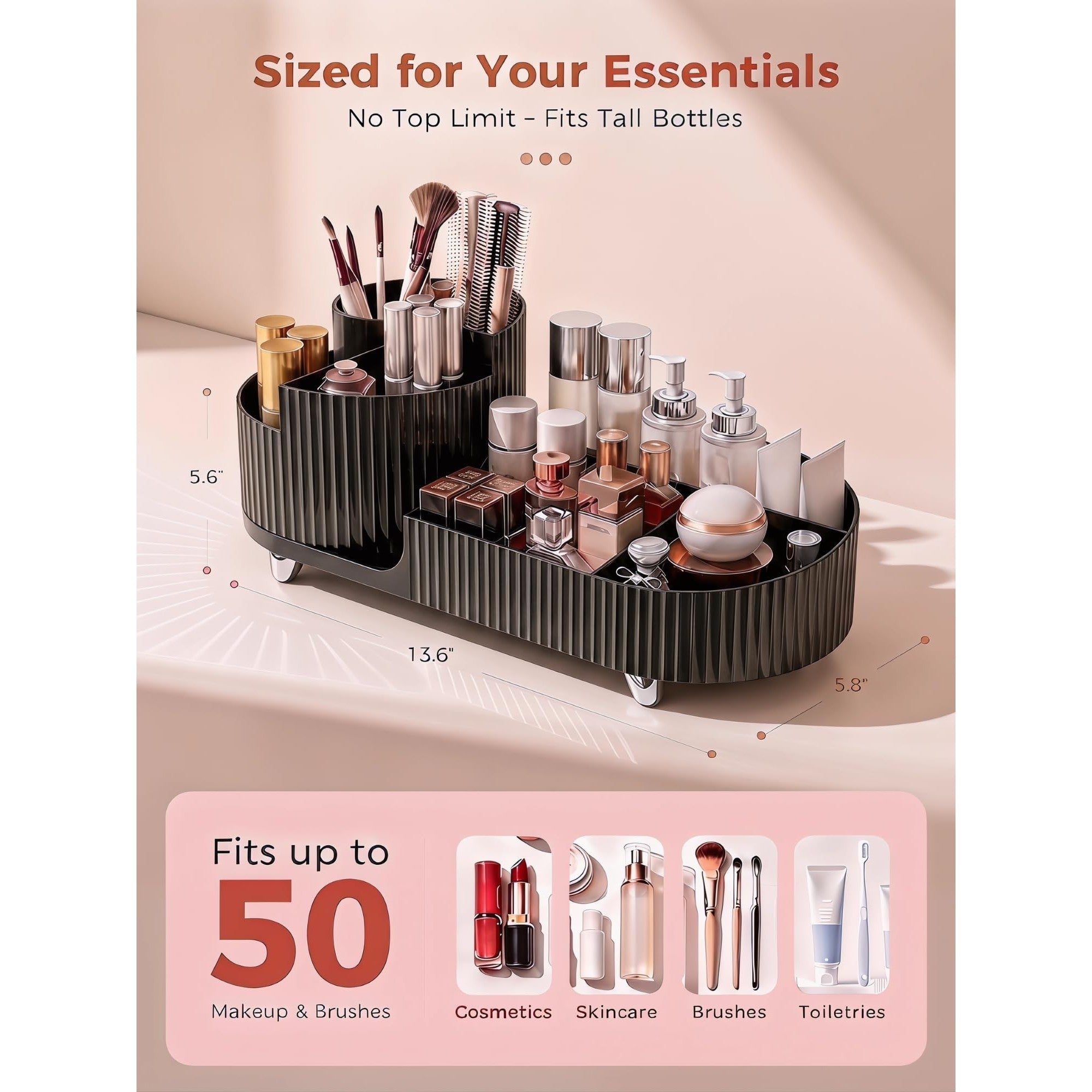 Booklov Rotating Makeup Organizer fits up to 50 cosmetics, skincare, and toiletries, with a modern design and smooth rotation.