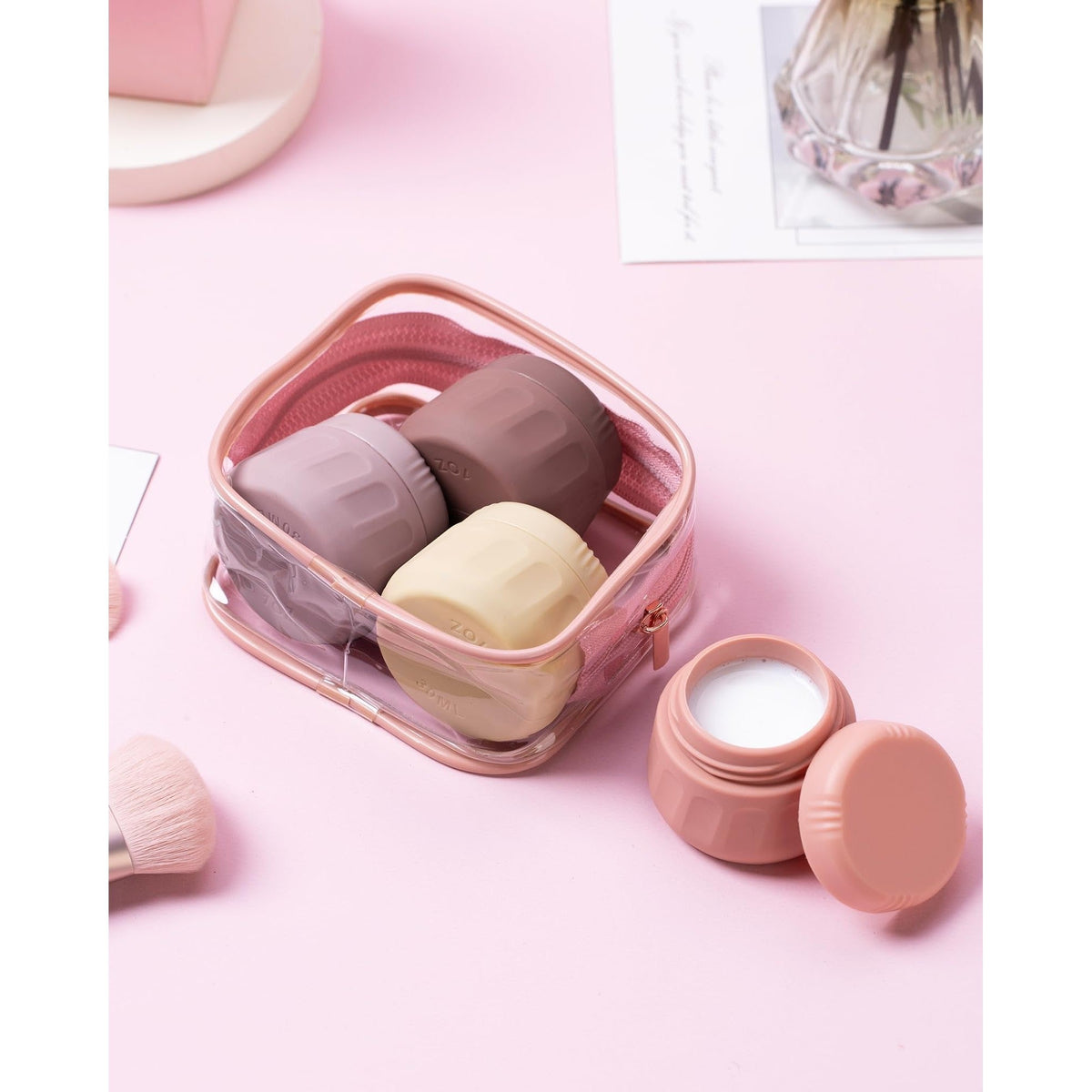 Set of Mrsdry travel containers in a clear pouch, ideal for toiletries. Verified by CuratCart to ensure quality.