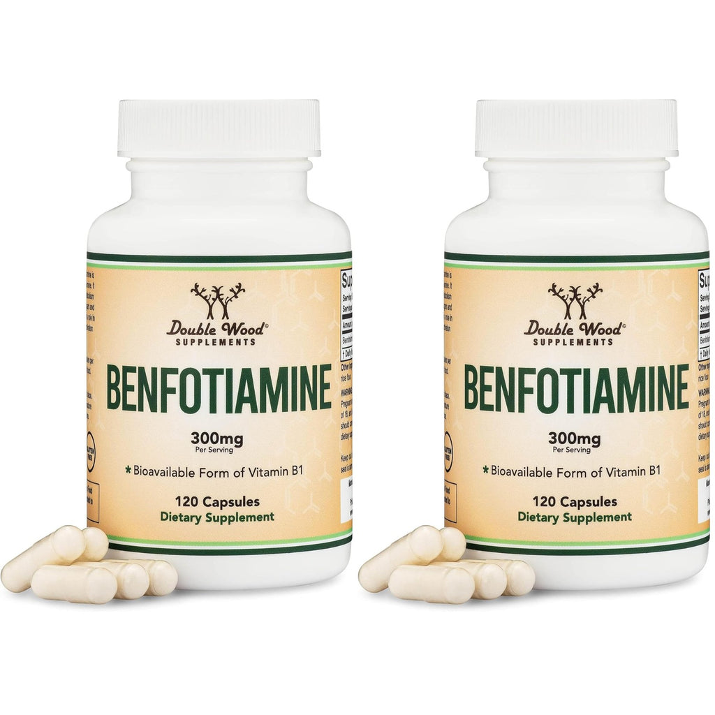 Benfotiamine 300mg Servings (Third Party Tested, 120 Capsules, 150mg Per Cap) Non-GMO, to Boost Thiamine B1 Levels (More Absorbable Than Thiamine, Fat Soluble) by Double Wood (Pack of 2)