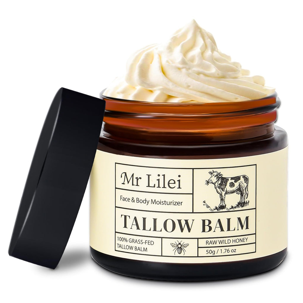 Beef Tallow for Skin - 100% Grass Fed Whipped Tallow and Honey Balm - Unscented, Non-Greasy Daily Face Moisturizer & Body Butter for Dry Sensitive Skin (5oz)