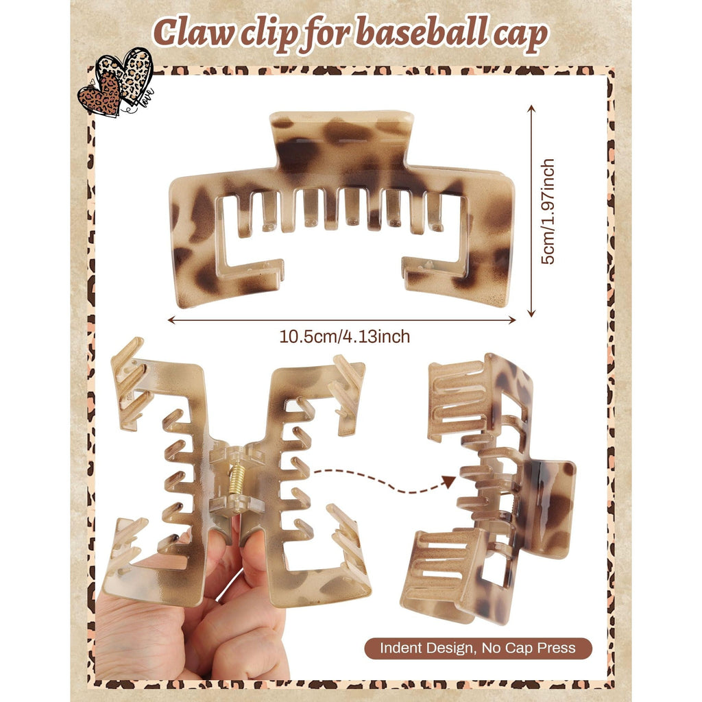 Authentic hat-friendly claw clips in stylish leopard print, designed to secure hair without pressing hat tops.