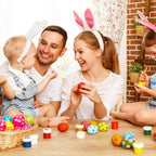 Bright and joyful scene with a family creating colorful decorations, showcasing the Wooden Fake Eggs Poultry Mannequin, 100% Authentic, available at Curat Cart.