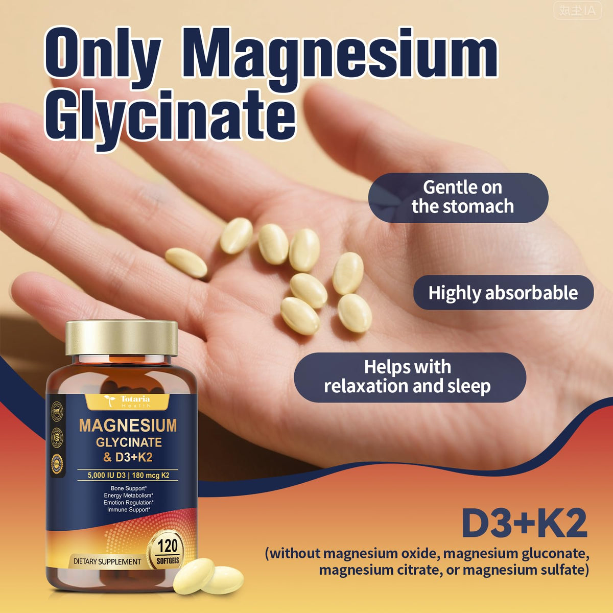 Original Magnesium Glycinate with Vitamin D3 and K2 in a bottle, promoting relaxation and sleep support.