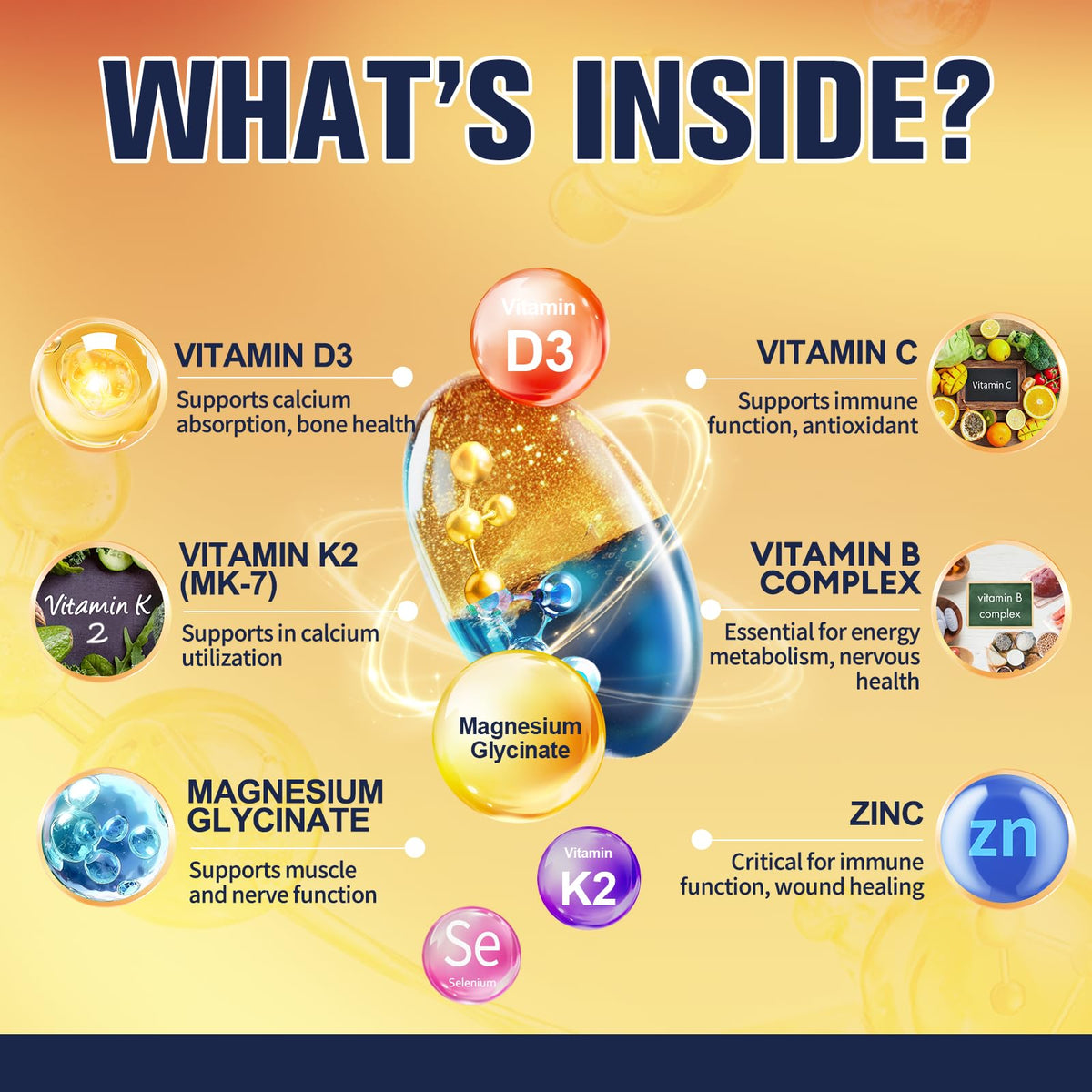 Premium imported Magnesium Glycinate with D3 and K2, supporting immune and bone health for optimal wellness.
