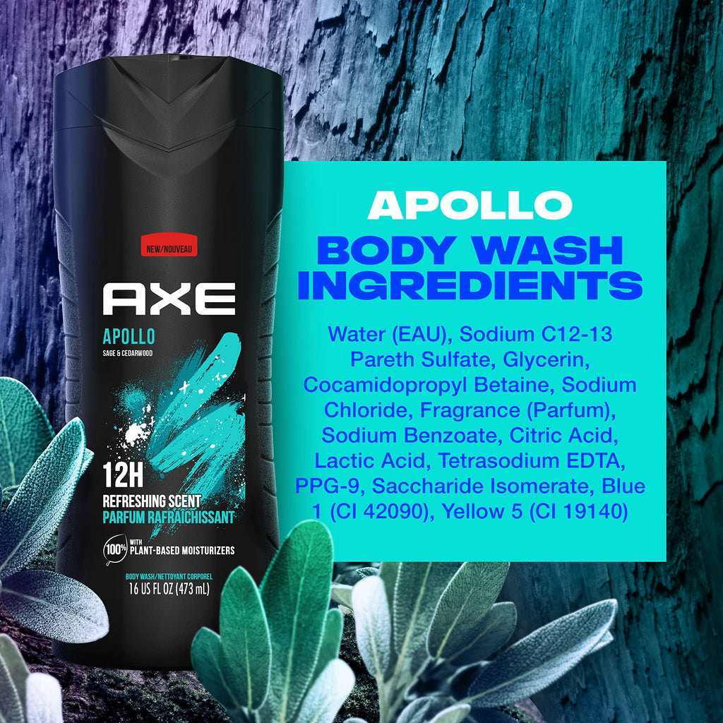 AXE Sage & Cedarwood Body Wash Apollo 4 Count 16 fl oz | For Long Lasting Freshness Men's Body Wash with Odor-Busting Prebiotics
