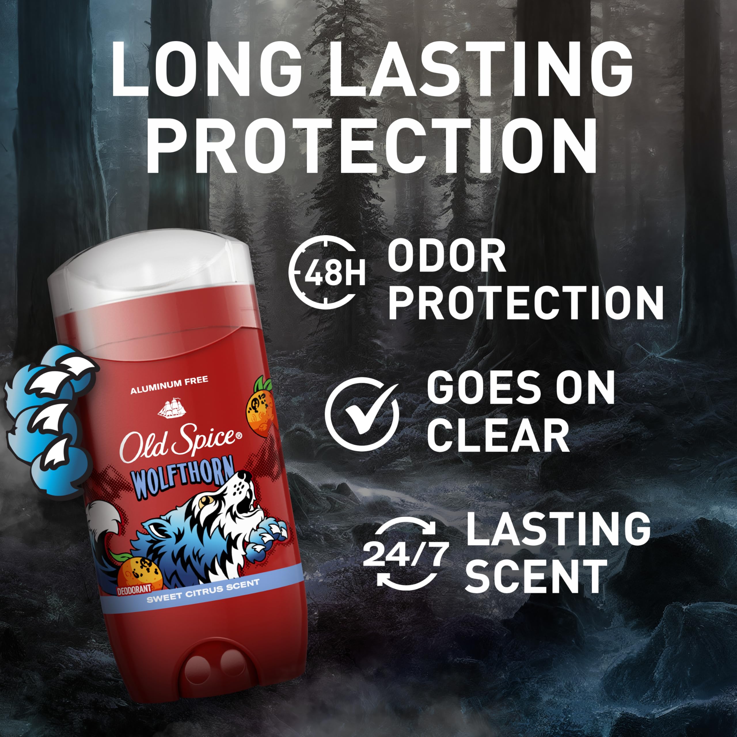 Old Spice Aluminum Free Deodorant for Men, 24/7 Long-Lasting Freshness & Scent, Long Lasting Protection to Help Fight Odors, Legendary Fragrance, Wolfthorn Sweet Citrus Scent, 3 oz (Pack of 2)