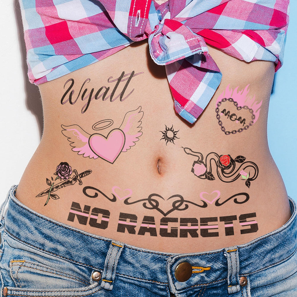 Temporary Fake Tattoos Y2K Accessories for Adult Women, Tramp Stamp White Trash Bachelorette No Ragrets Tattoo, White Trailer Trash Attire Women Party Decorations 4 Sheets