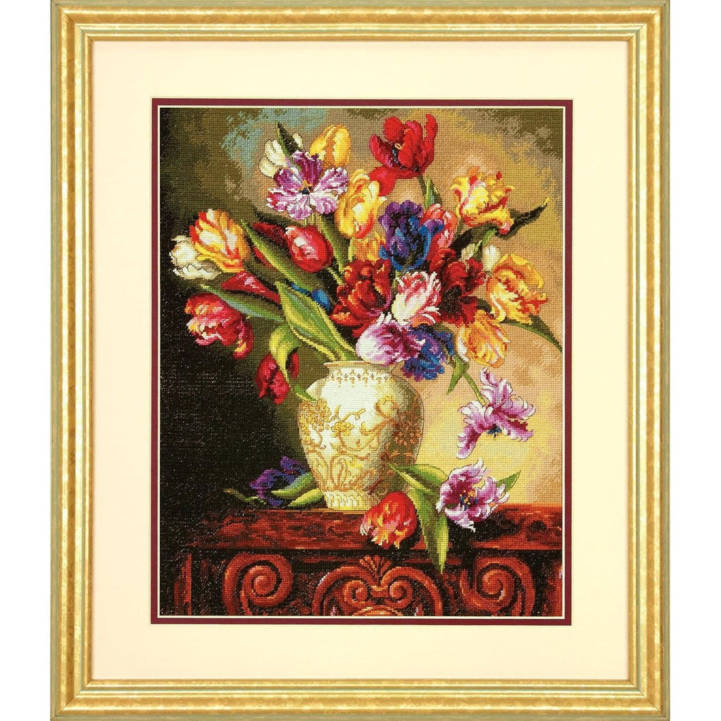 Buy now Dimensions Gold Collection Counted Cross Stitch Kit, Parrot Tulips, 14 Count Black Aida, 12'' x 15'' at indiglob india