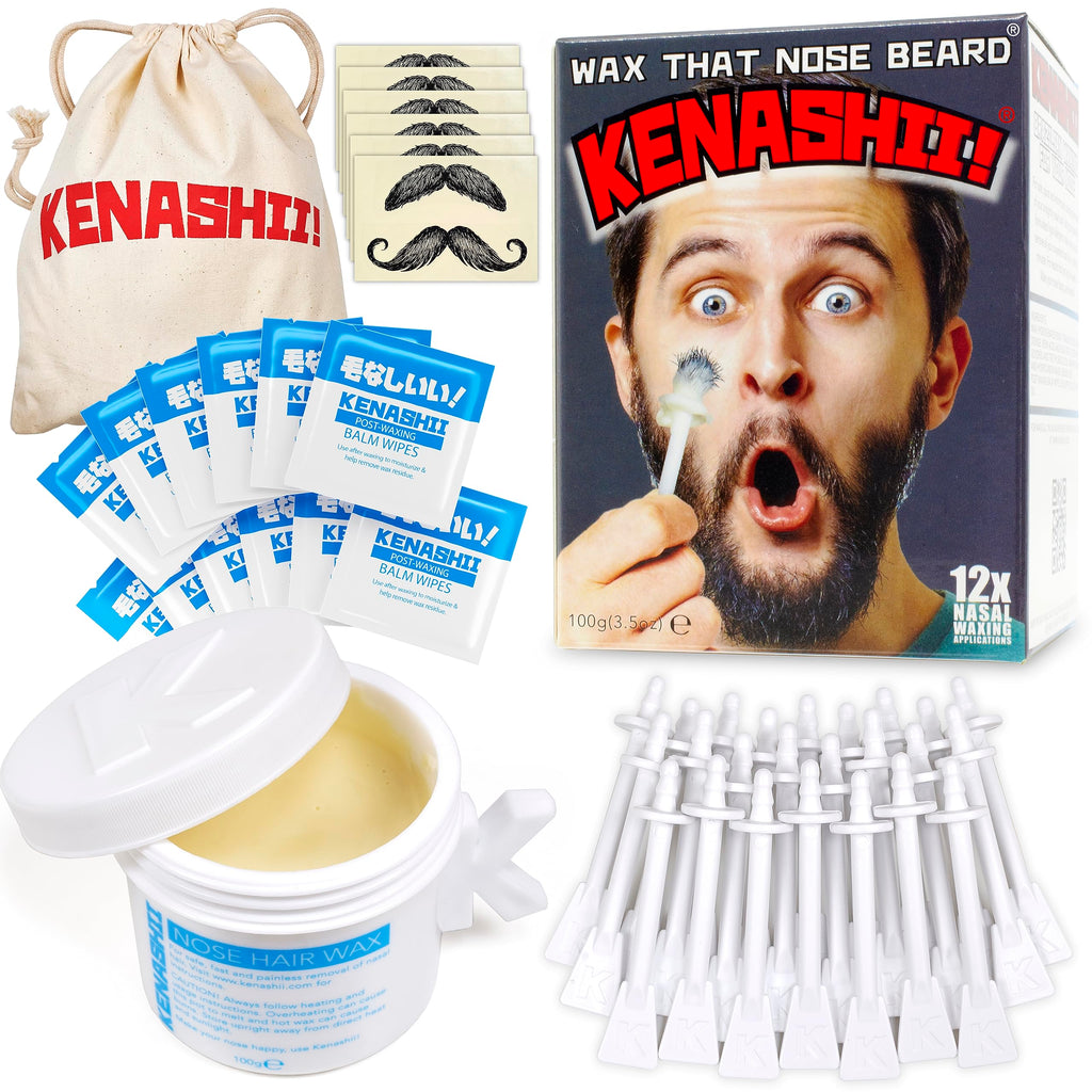 KENASHII Nose Wax Kit | 100 g Wax, 24 Applicators | The Original & Best Nose and Ear Hair Removal Kit from Kenashii | Nasal Waxing For Men and Women | Includes Balm Wipes, Mustache Guards, Storage Bag