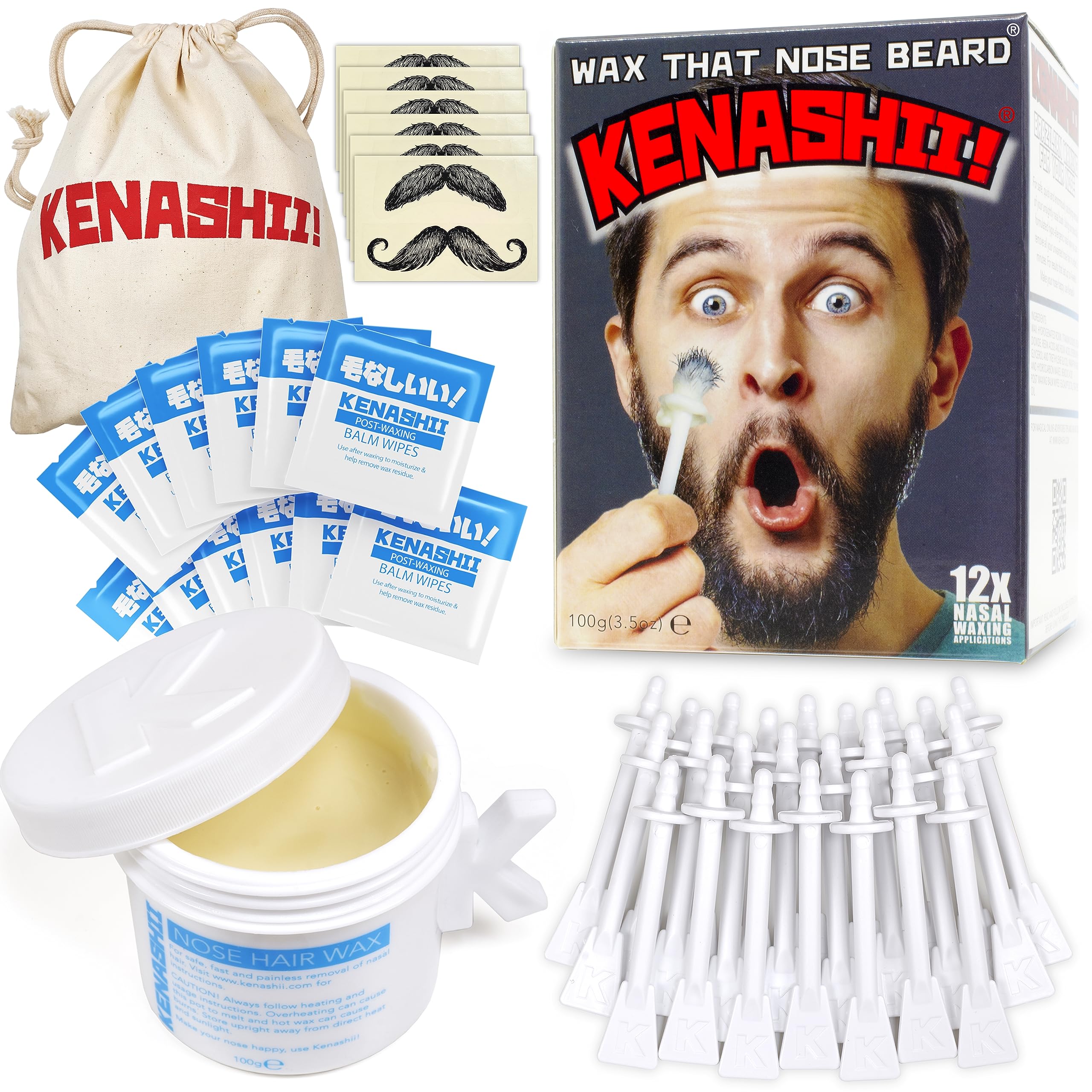 KENASHII Nose Wax Kit | 100 g Wax, 24 Applicators | The Original & Best Nose and Ear Hair Removal Kit from Kenashii | Nasal Waxing For Men and Women | Includes Balm Wipes, Mustache Guards, Storage Bag