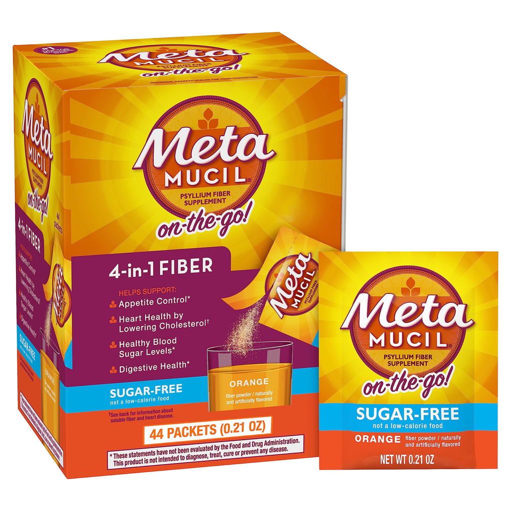 Metamucil On-The-Go, Psyllium Husk Fiber Supplement, 4-in-1 Fiber for Digestive Health, Sugar Free, Orange Flavor, 30 Count x 2 Packs (60 Count Total)