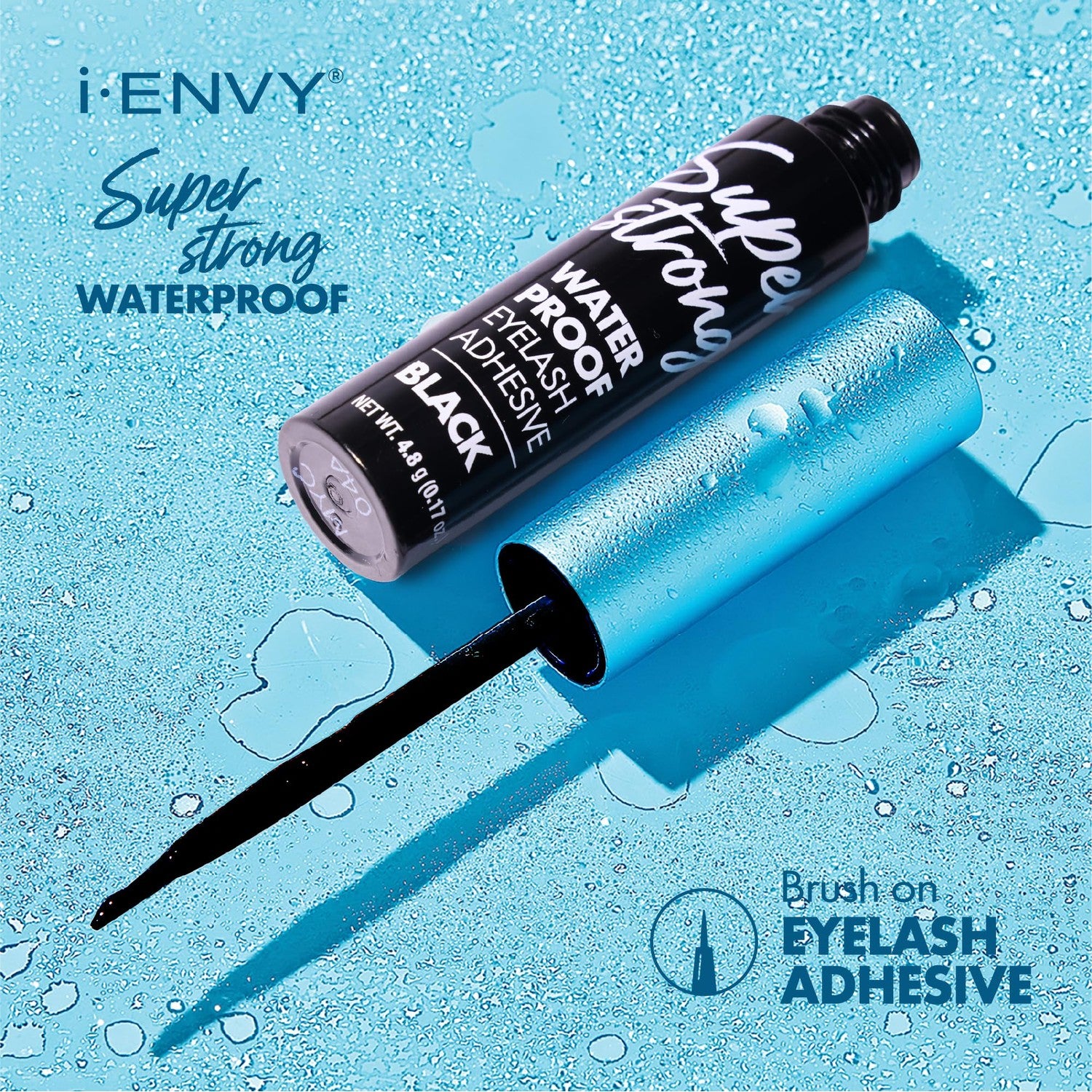 i-ENVY Super Strong Waterproof Black Eyelash Adhesive, Long Lasting Sweat & Tear Proof Lash Glue for Eyelash Extensions, All Day Hold Durable Brush-On (Waterproof Black, 1 Pack (1 Count))