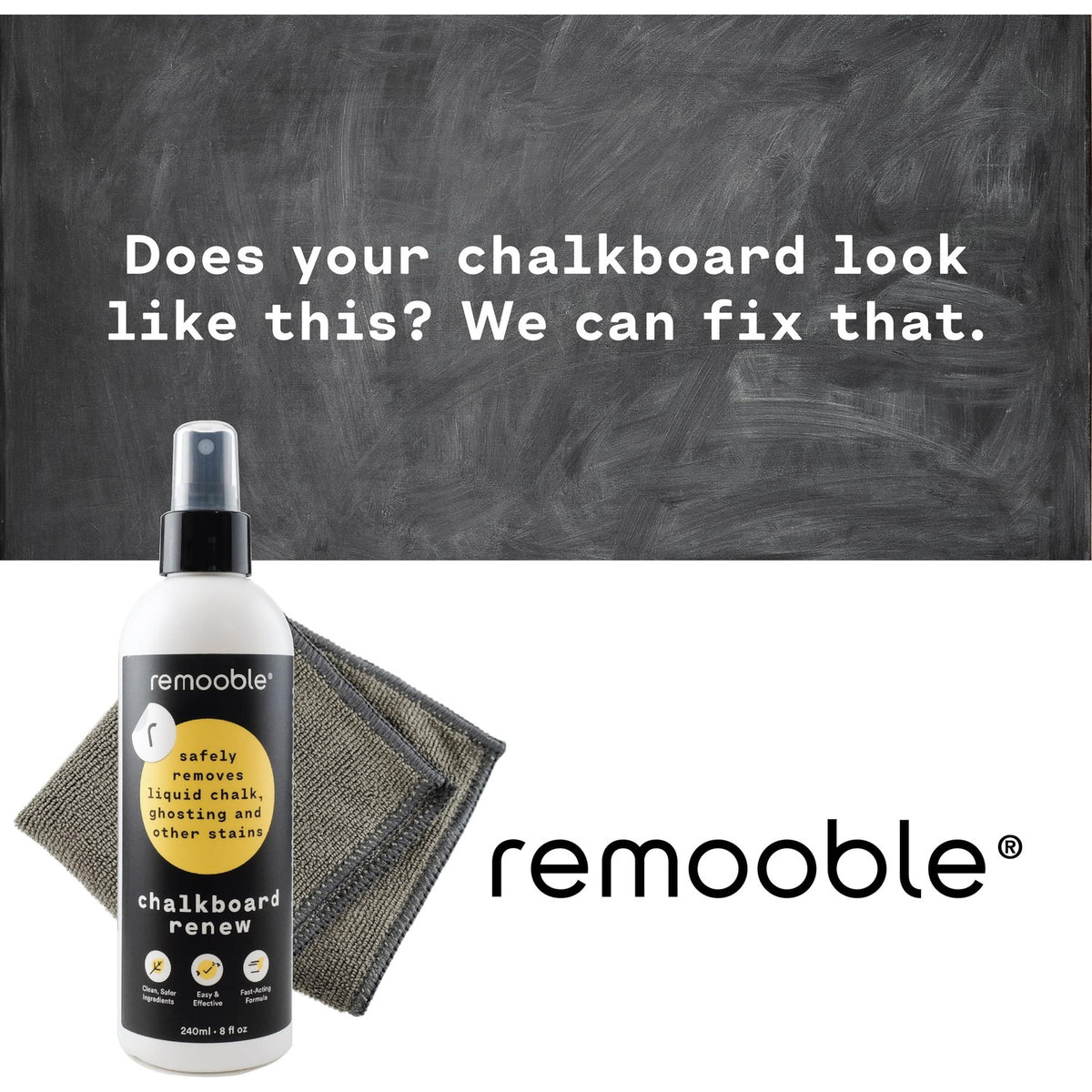 Remooble Non-Toxic Chalkboard Cleaner Spray & Microfiber Cleaning Cloth, 8 oz.