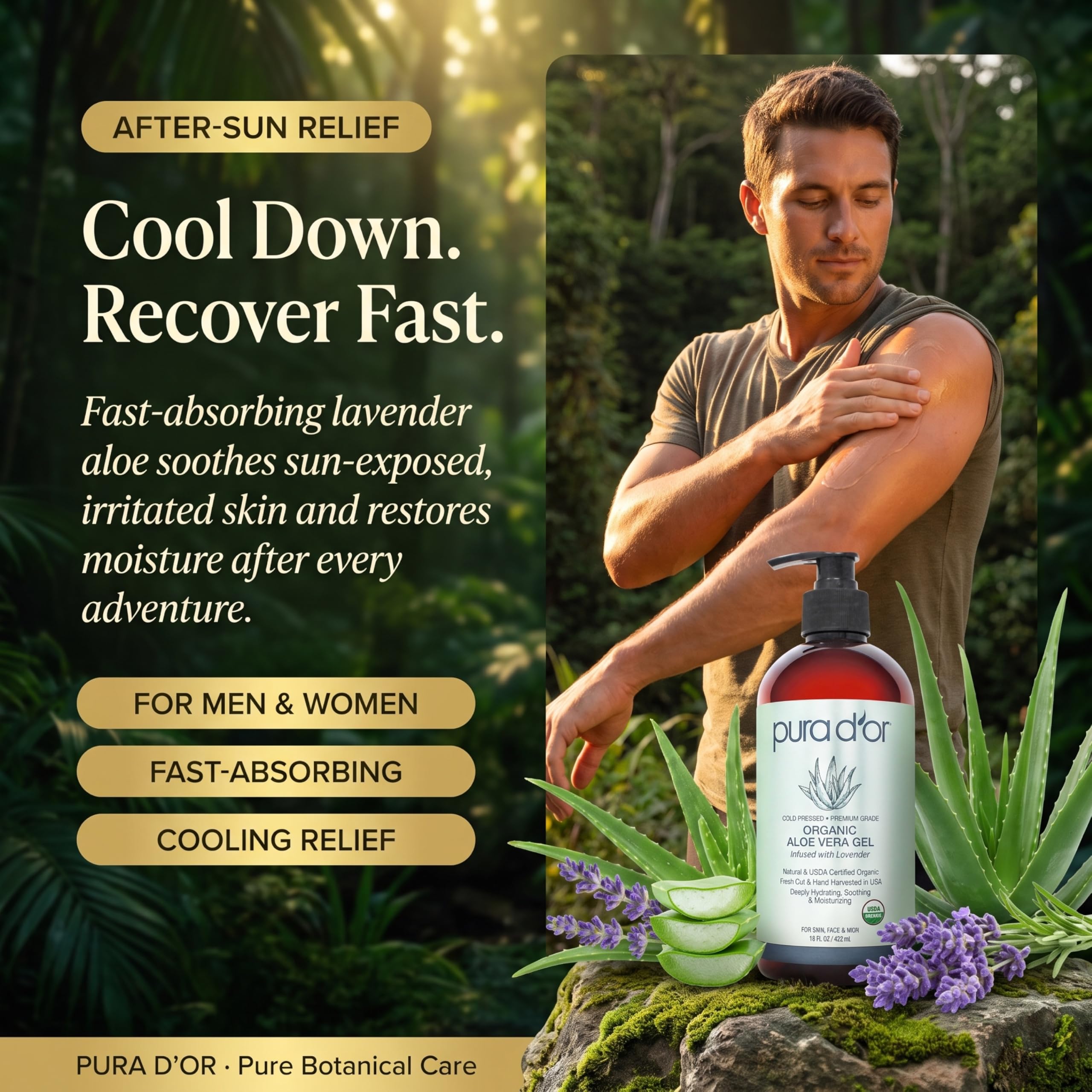 PURA D'OR ORGANIC Aloe Vera Gel Soothing Moisturizer, Lavender, 16oz | Fast-Absorbing, After-Sun Care, USDA Certified, Hydrating, Non-Sticky, Zero Artificial Preservatives, Vegan, Face, Hair, Body
