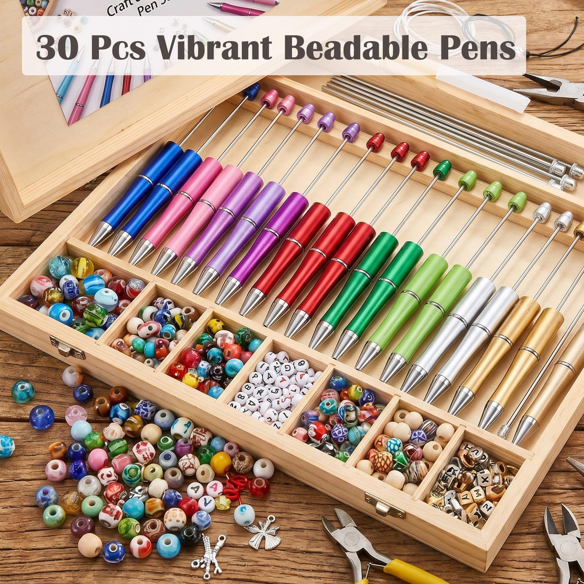 30Pcs Multicolor Beadable Pens Bulk – DIY Customizable Pen Set for Crafting, Smooth Writing Beaded Pens for School, Office, Teacher Appreciation & Creative Gifts