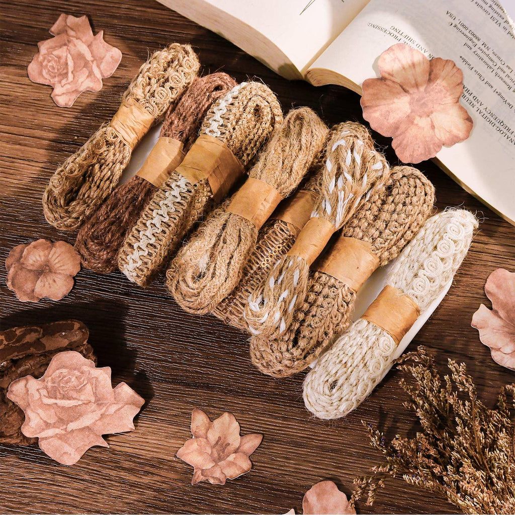 9 Rolls Jute Burlap Lace Ribbon Trim, 18 Meters Decorative Craft Fabric Ribbons for Crafts Wrapping Sewing Wedding Party Decorations