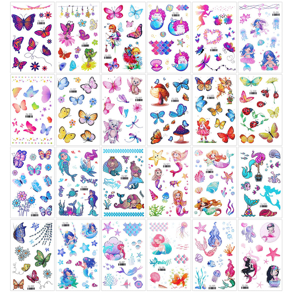 Konsait Glitter Temporary Tattoos for Kids, 24 Sheets Butterfly Mermaid Fairy Flowers Tattoo Stickers, Waterproof Fake Tattoos for Birthday Favors, Goodie Bags Stuffers & Party Accesorries