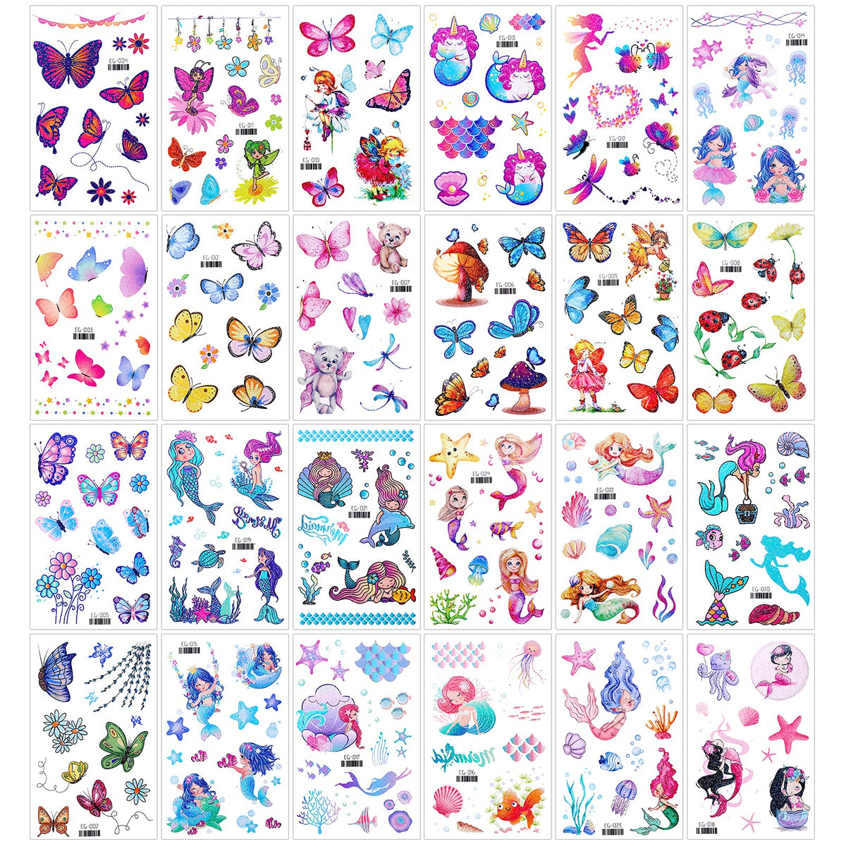 Konsait Glitter Temporary Tattoos for Kids, 24 Sheets Butterfly Mermaid Fairy Flowers Tattoo Stickers, Waterproof Fake Tattoos for Birthday Favors, Goodie Bags Stuffers & Party Accesorries