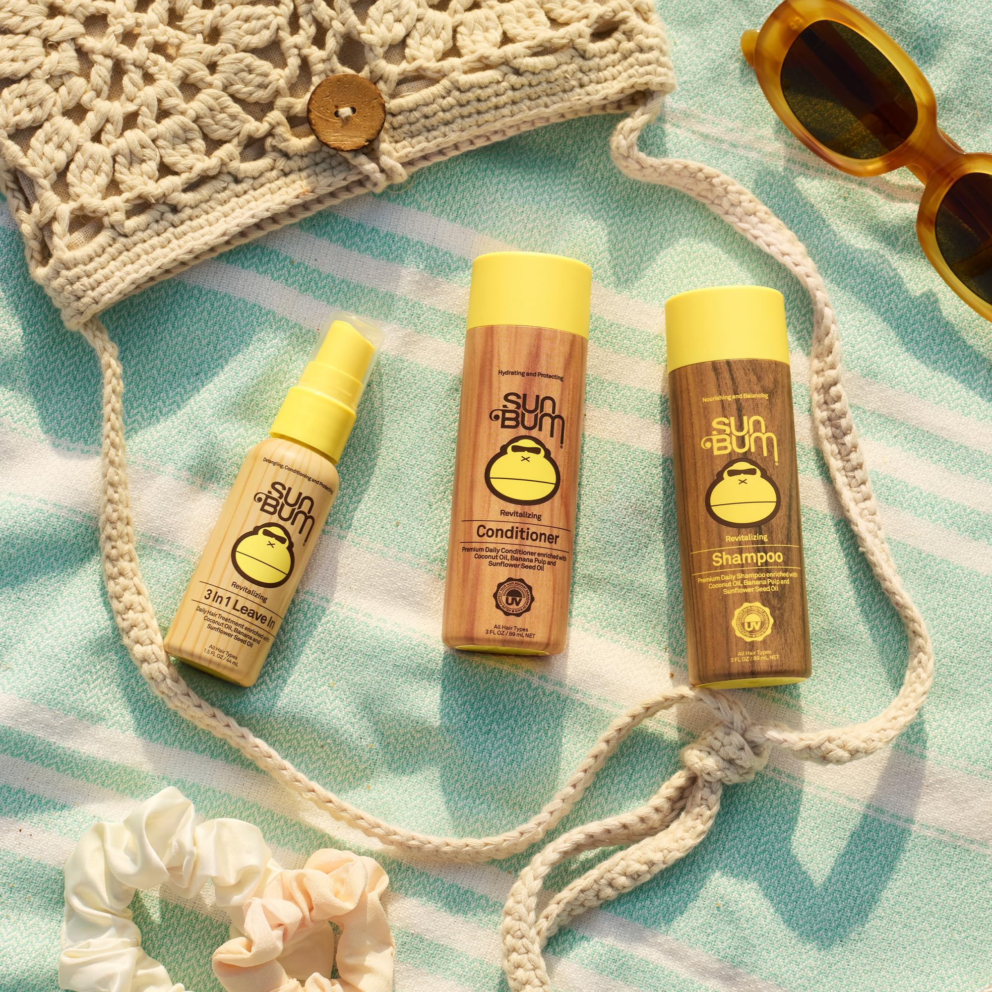 Sun Bum Revitalizing Leave In Conditioner Detangler Spray - 1.5 oz (3-Pack) | Anti Frizz, Color Friendly, UV Protecting, Enriched with Coconut Oil and Banana, Vegan, Travel Friendly