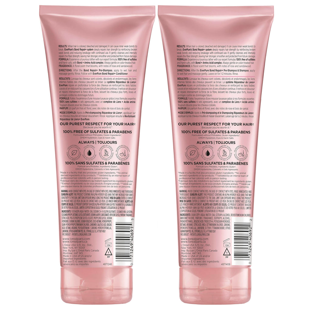 L'Oreal Paris Sulfate Free Bond Repair+ Shampoo and Conditioner Set with Bond + Amino Acid Complex, Strengthens and Repairs Damaged or Color Treated Hair, EverPure, 13.6 Fl Oz Set (Packaging May Vary)