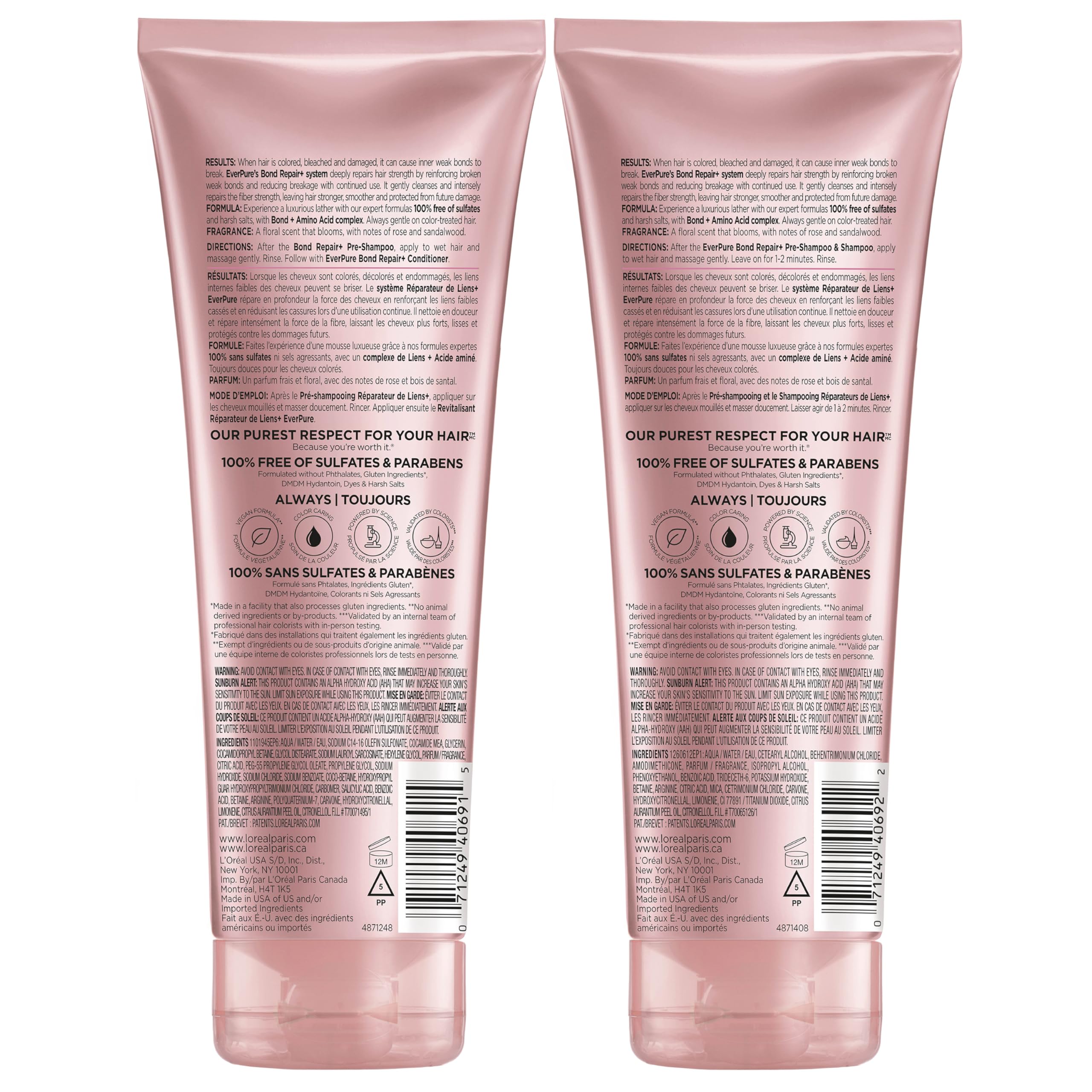L'Oreal Paris Sulfate Free Bond Repair+ Shampoo and Conditioner Set with Bond + Amino Acid Complex, Strengthens and Repairs Damaged or Color Treated Hair, EverPure, 13.6 Fl Oz Set (Packaging May Vary)