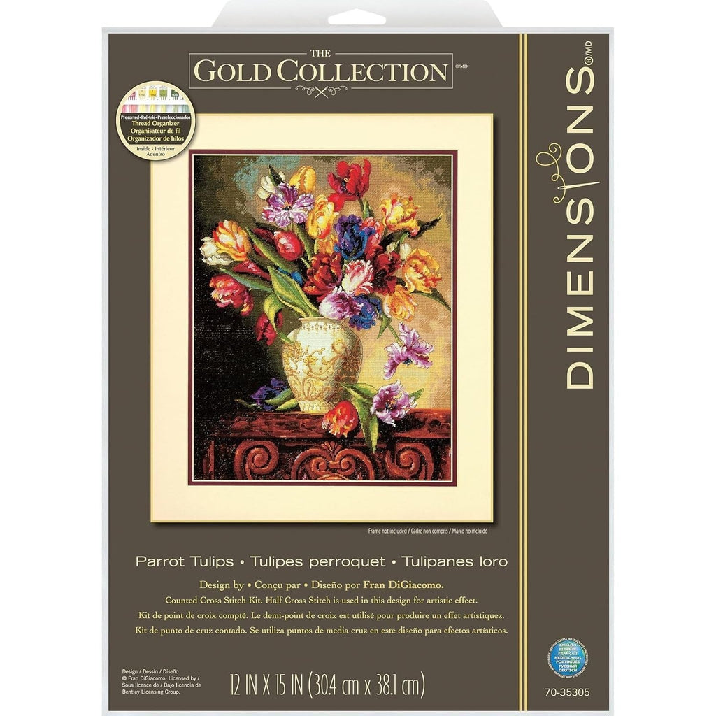 Buy now Dimensions Gold Collection Counted Cross Stitch Kit, Parrot Tulips, 14 Count Black Aida, 12'' x 15'' at indiglob india
