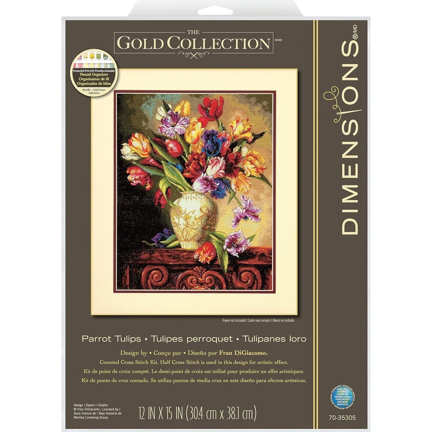 Buy now Dimensions Gold Collection Counted Cross Stitch Kit, Parrot Tulips, 14 Count Black Aida, 12'' x 15'' at indiglob india