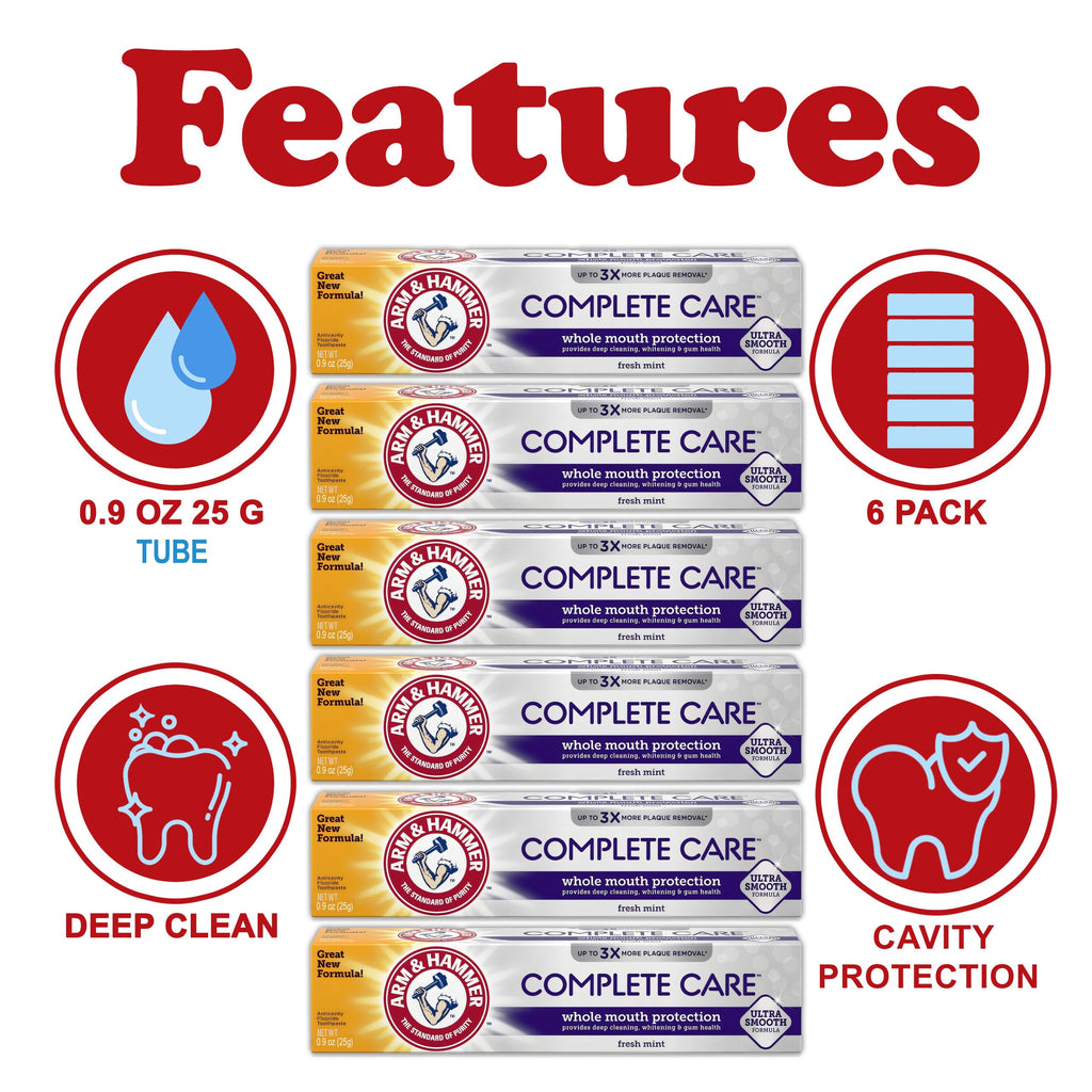 ARM & HAMMER Toothpaste Complete Care Whole Mouth Protection, 6 Pack, Fresh Mint, Anticavity Fluoride Toothpaste with Baking Soda, Whitening Enamel Strengthening Paste, Travel Size 0.9 Oz