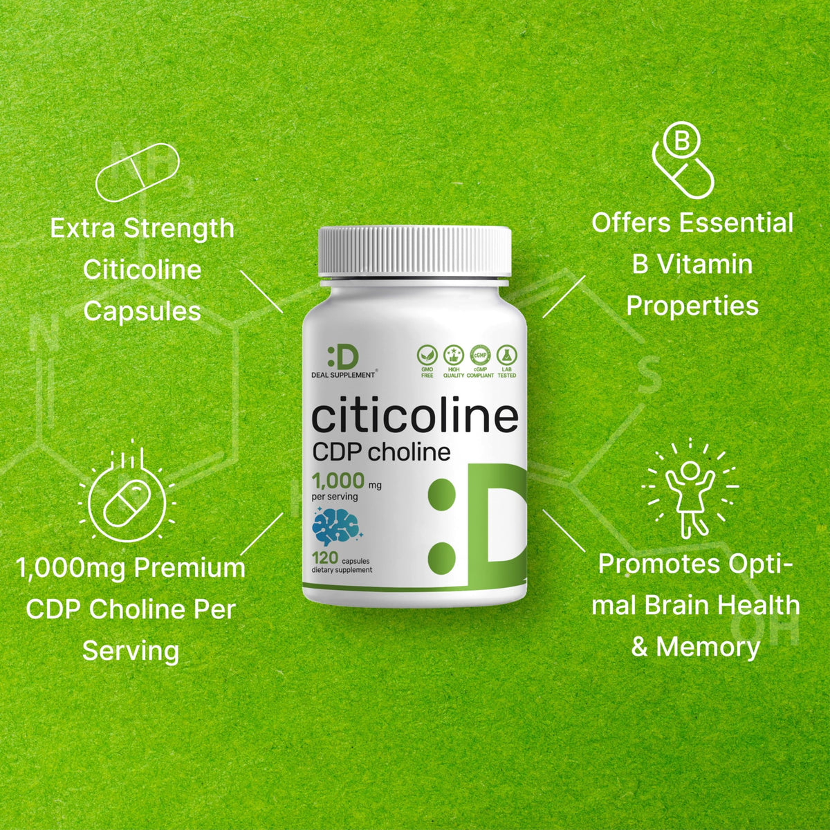 Citicoline CDP Choline, 1,000mg Per Serving, 120 Capsules – Extra Strength Choline Supplements – Nootropic B Vitamin Properties – Promotes Brain Health, Memory, & Focus – Non-GMO