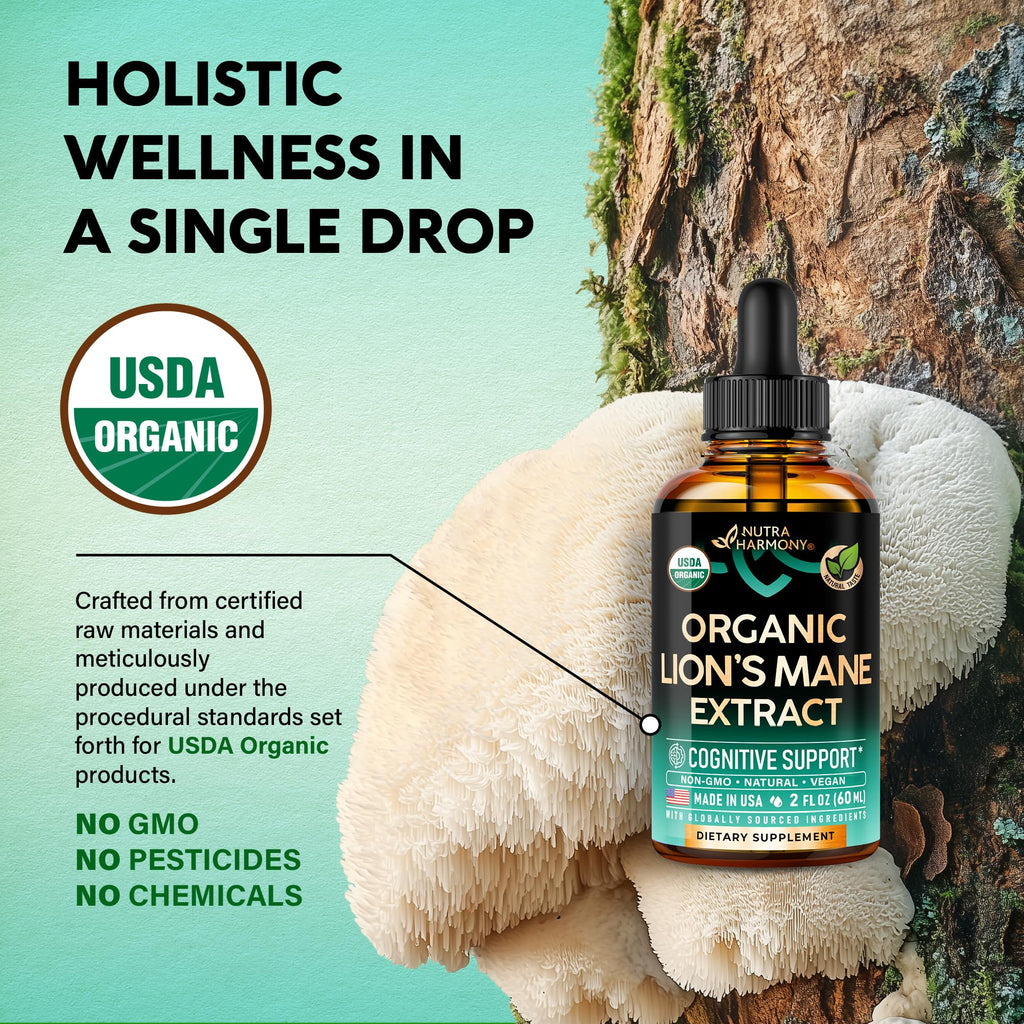 Lions Mane Liquid - USDA Organic Lions Mane Supplement 72,000 mg - 2 Oz | Lion's Mane Mushroom Extract - Brain Support, Energy, Memory & Focus - Sugar & Alcohol-Free - Tincture for Women & Men