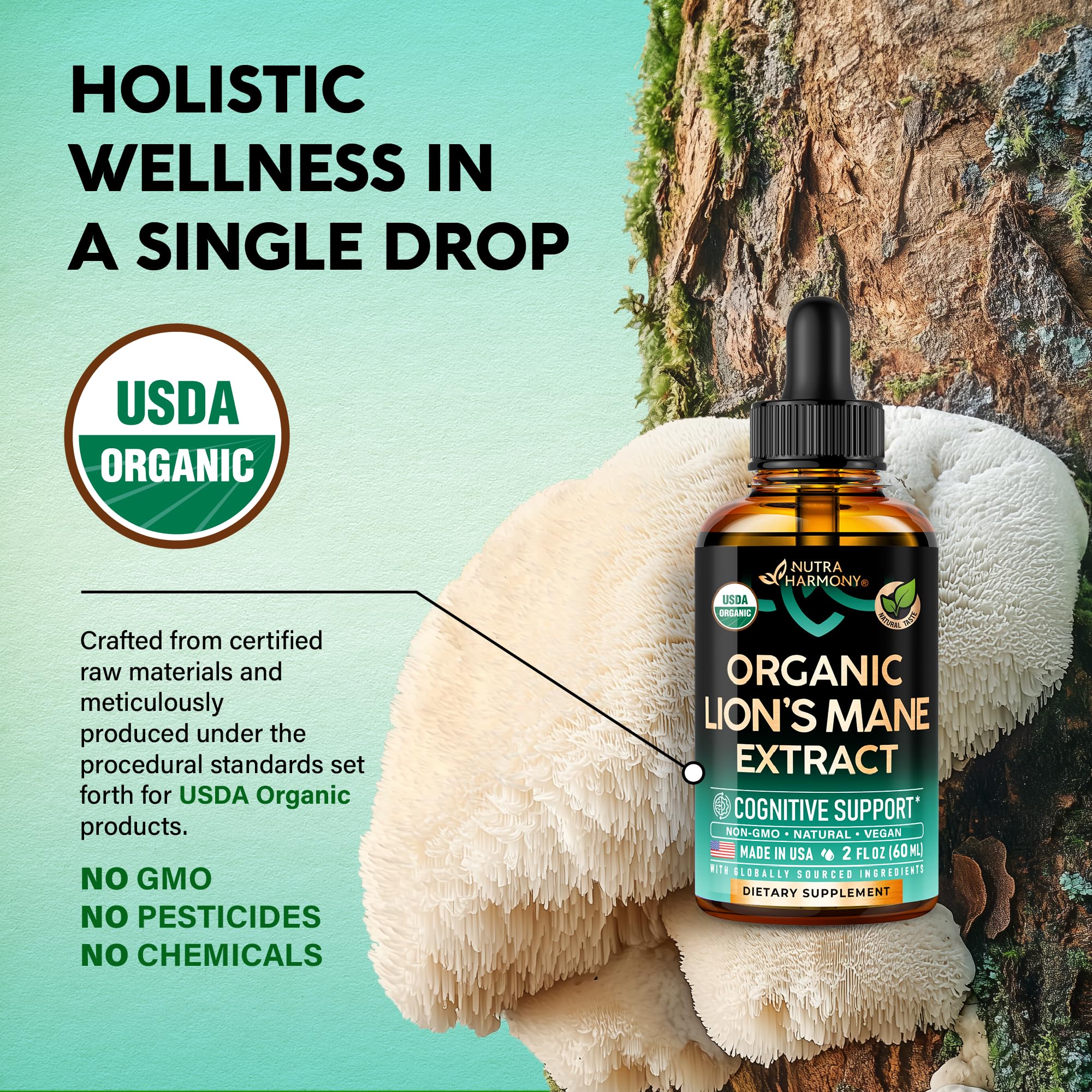 Lions Mane Liquid - USDA Organic Lions Mane Supplement 72,000 mg - 2 Oz | Lion's Mane Mushroom Extract - Brain Support, Energy, Memory & Focus - Sugar & Alcohol-Free - Tincture for Women & Men