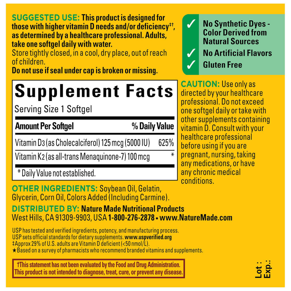 Nature Made Vitamin D3 K2 Supplement, 30 Softgels | Vitamin D 5000 IU (125 mcg) for Immune, Bone, Teeth and Muscle Health Support, 30 Day Supply
