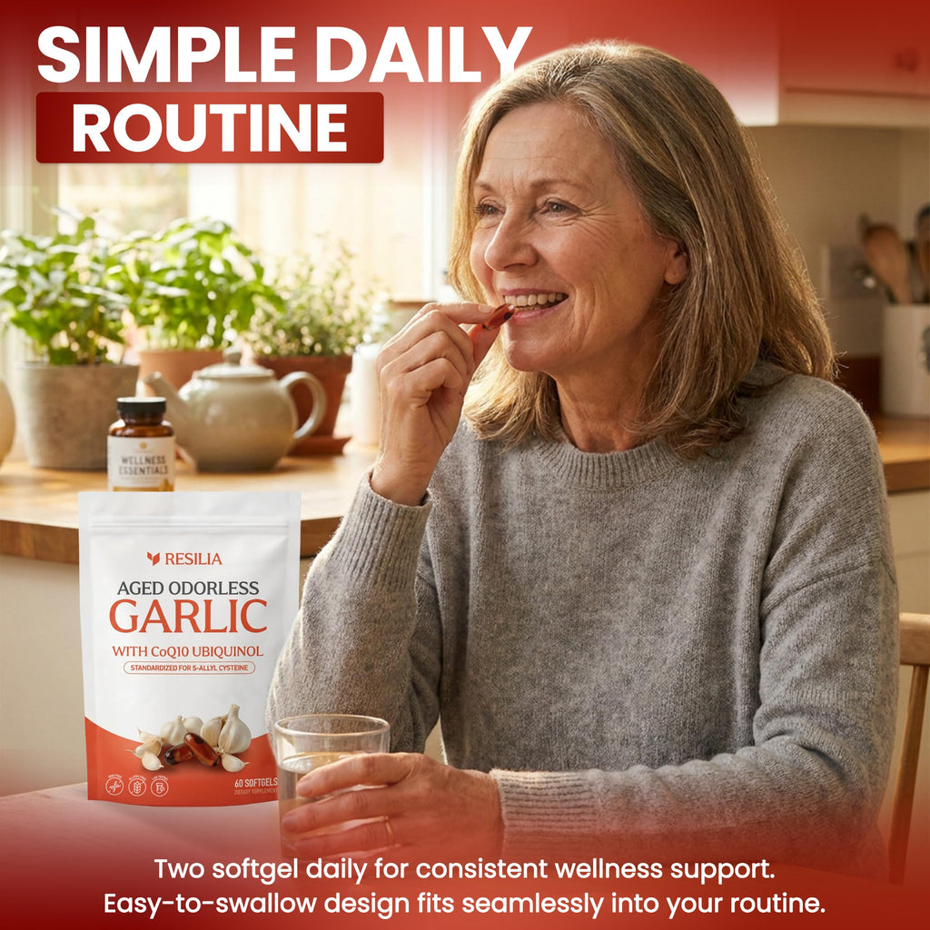 Resilia Odorless Aged Garlic Extract Softgels (60 Count) | 600mg Aged Garlic Extract Per Serving | With CoQ10 Ubiquinol & Vitamin K2 (MK-7) | Dietary Supplement