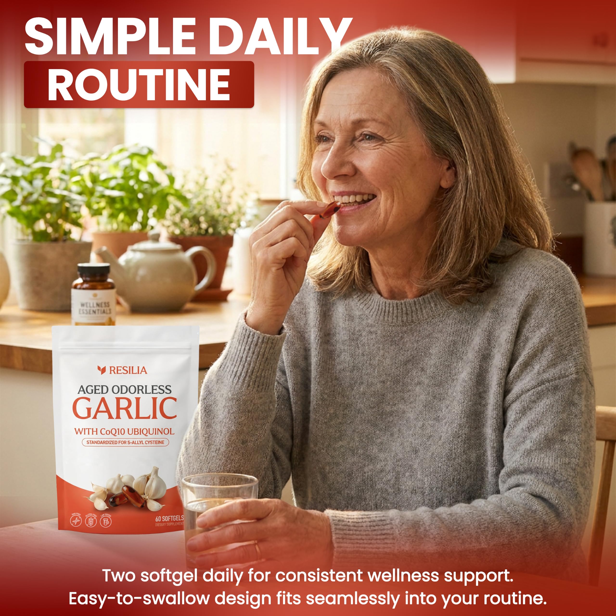 Resilia Odorless Aged Garlic Extract Softgels (60 Count) | 600mg Aged Garlic Extract Per Serving | With CoQ10 Ubiquinol & Vitamin K2 (MK-7) | Dietary Supplement