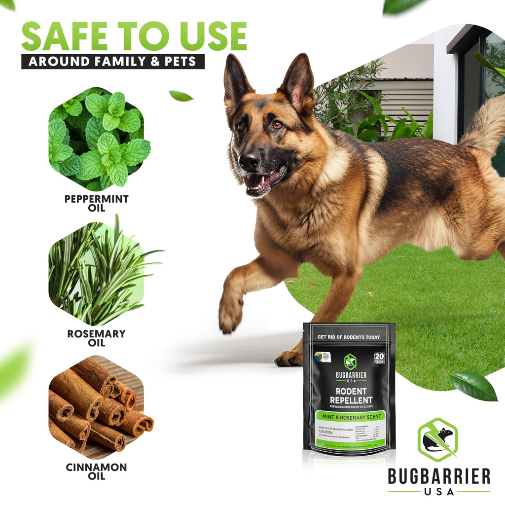 BugBarrier's Extra-Strength Mouse Repellent Deterrent Pouches, USDA 99% Biobased, Peppermint & Rosemary Oils Repel Mice Nesting in Car, RV, Boat, Garage, Shed, Cabin Made in The USA (Pack of 20)