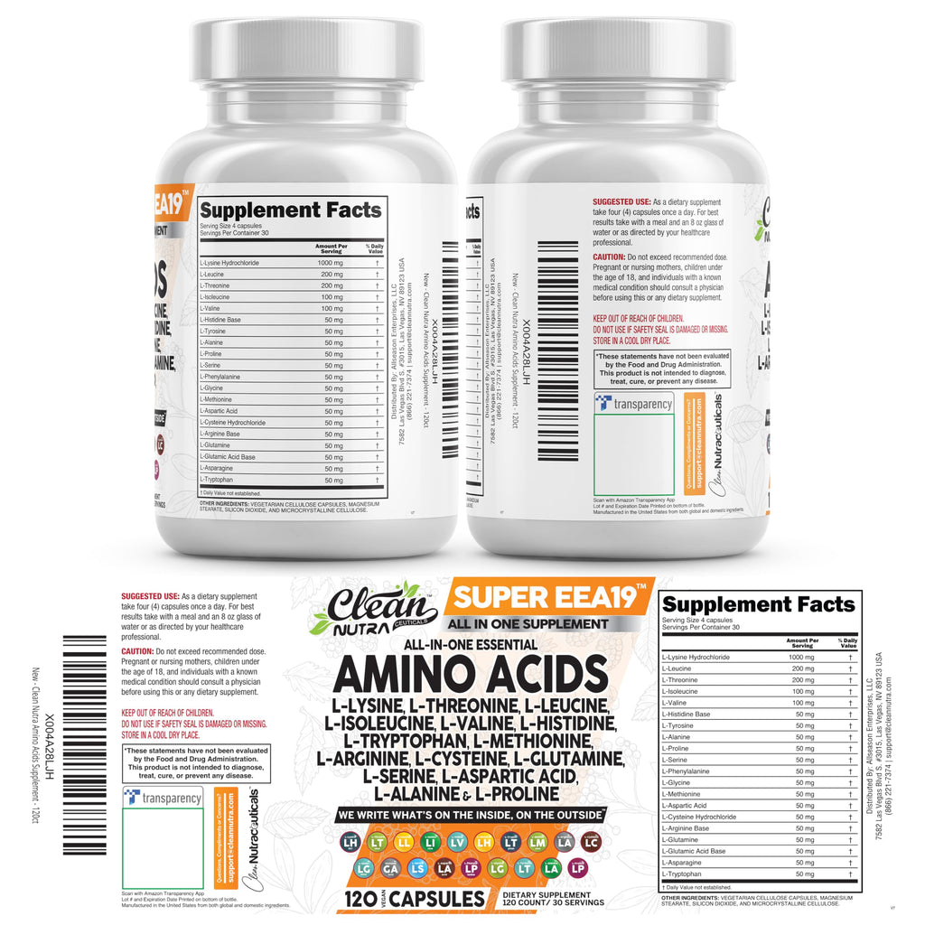 Clean Nutraceuticals Amino Acids Supplement L-Lysine, L-Threonine, L-Leucine, Isoleucine, Valine, L-Histidine, L-Tryptophan, L-Methionine, L-Arginine, L-Cysteine, L-Glutamine, L-Serine, Aspartic Acid