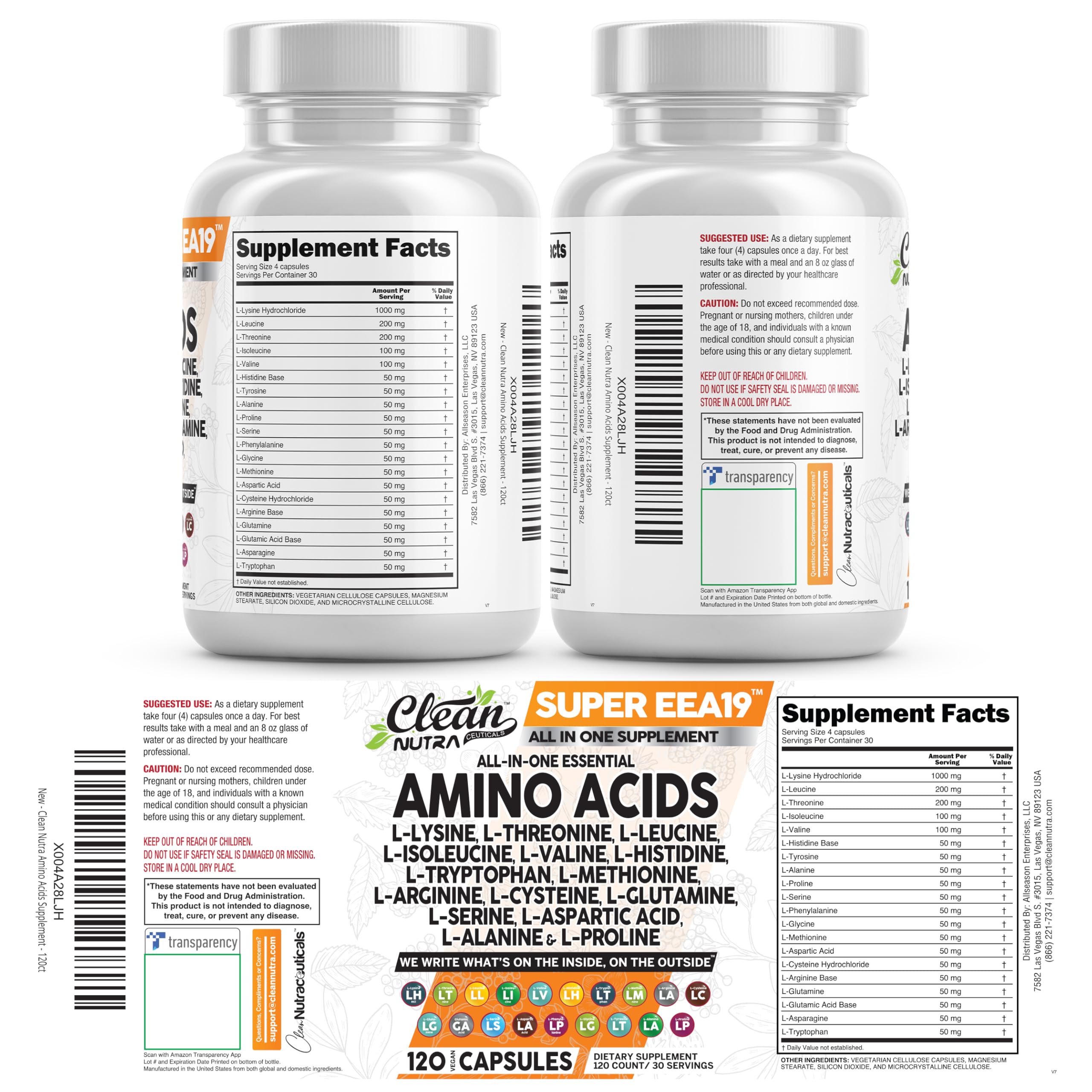 Clean Nutraceuticals Amino Acids Supplement L-Lysine, L-Threonine, L-Leucine, Isoleucine, Valine, L-Histidine, L-Tryptophan, L-Methionine, L-Arginine, L-Cysteine, L-Glutamine, L-Serine, Aspartic Acid