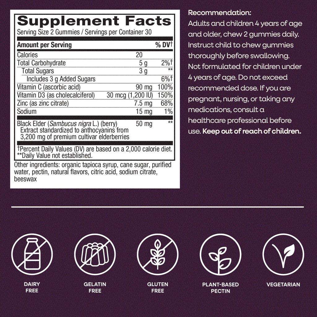 Nature's Way Sambucus Elderberry Gummies for Immune Support* Ages 4+, 60 ct | Immune Gummy with Black Elderberry Extract, Vitamin C, D3, Zinc, and Superfood Antioxidants*, Adults & Kids Ages 4+