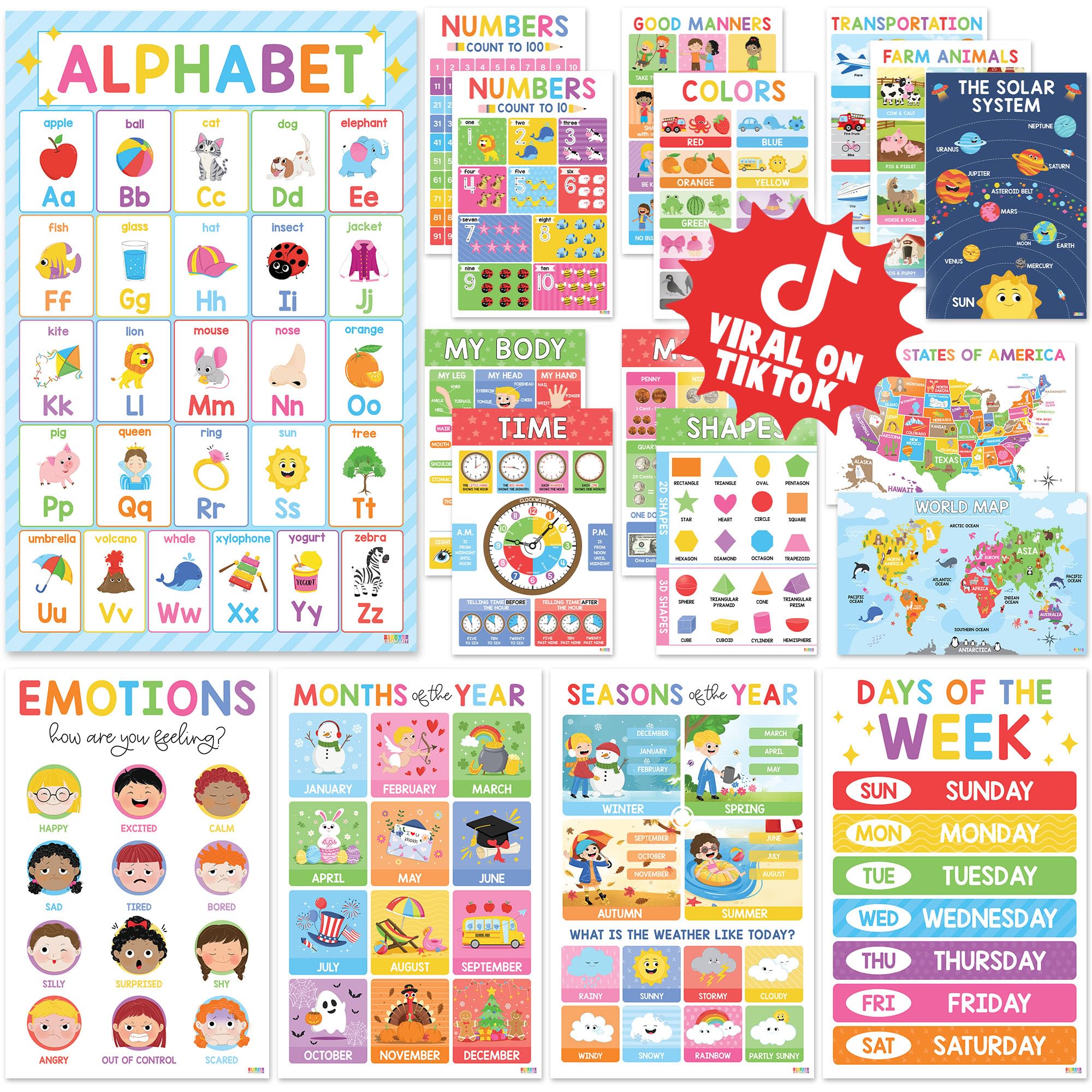 Buy now BEAWART 18 Laminated Educational Posters For Toddlers, Preschool Posters for Classroom, Kindergarten Wall Decor, PreK Learning Materials Alphabet Number Chart at indiglob india