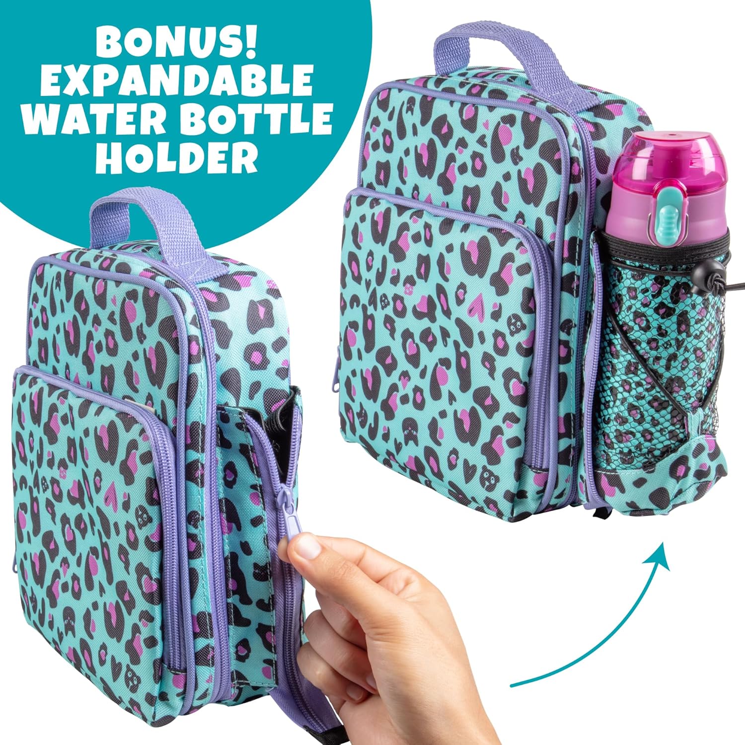 Buy now Bentology Kids Lunch Bag Set w Matching Reusable Water Bottle & Hard Ice Pack- Blue Purple Cheetah Cat- Insulated Tote, Stainless Steel Insulated Thermos, Hard Ice Pack- Back to School Lunchbox Kits at indiglob india